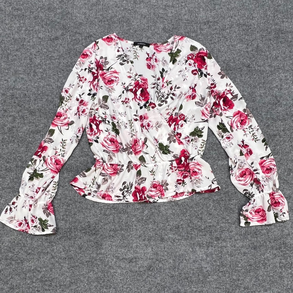 Ambiance Peplum Blouse Womens Large White Pink Floral Surplice Ruffle Cuff Top - Picture 2 of 9
